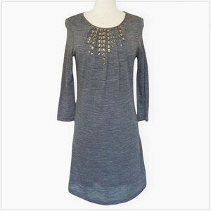 Joie Terri Heather Gray Stretch Knit Jewel Rhinestone Trim Sweater Wool Dress S